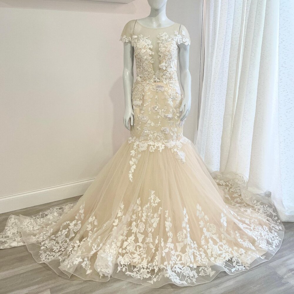 Wedding gown with a nude under layer and lace appliqués.